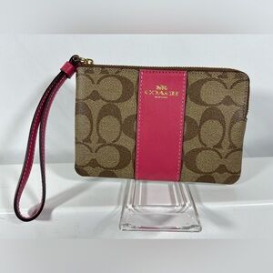 2103: Coach Signature Canvas Pink Leather Wristlet Zip Pouch Clutch